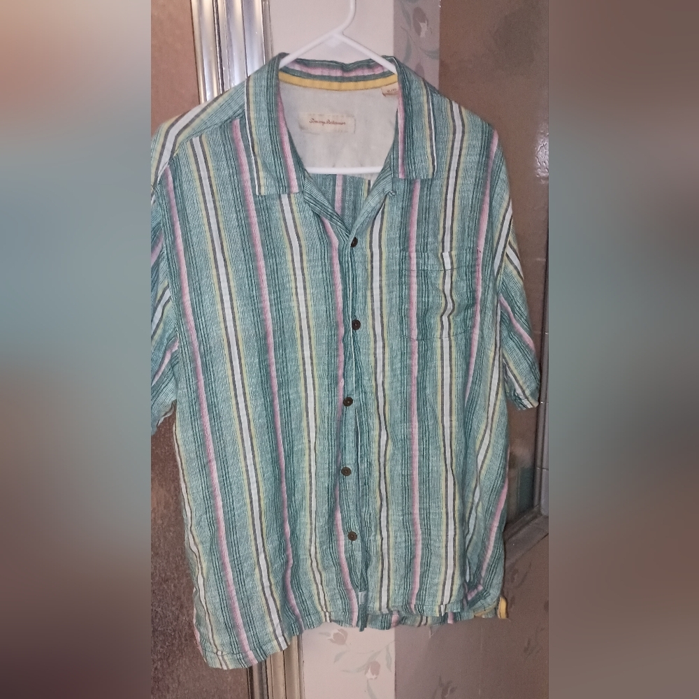 Tommy Bahama Green Striped Linen Shirt Mens xL